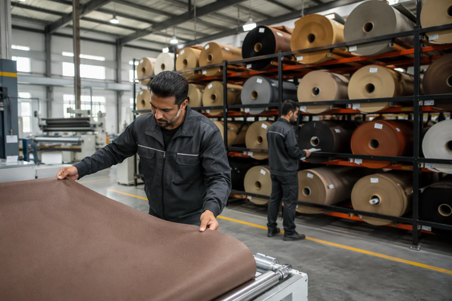 Synthetic leather production facility with material rolls