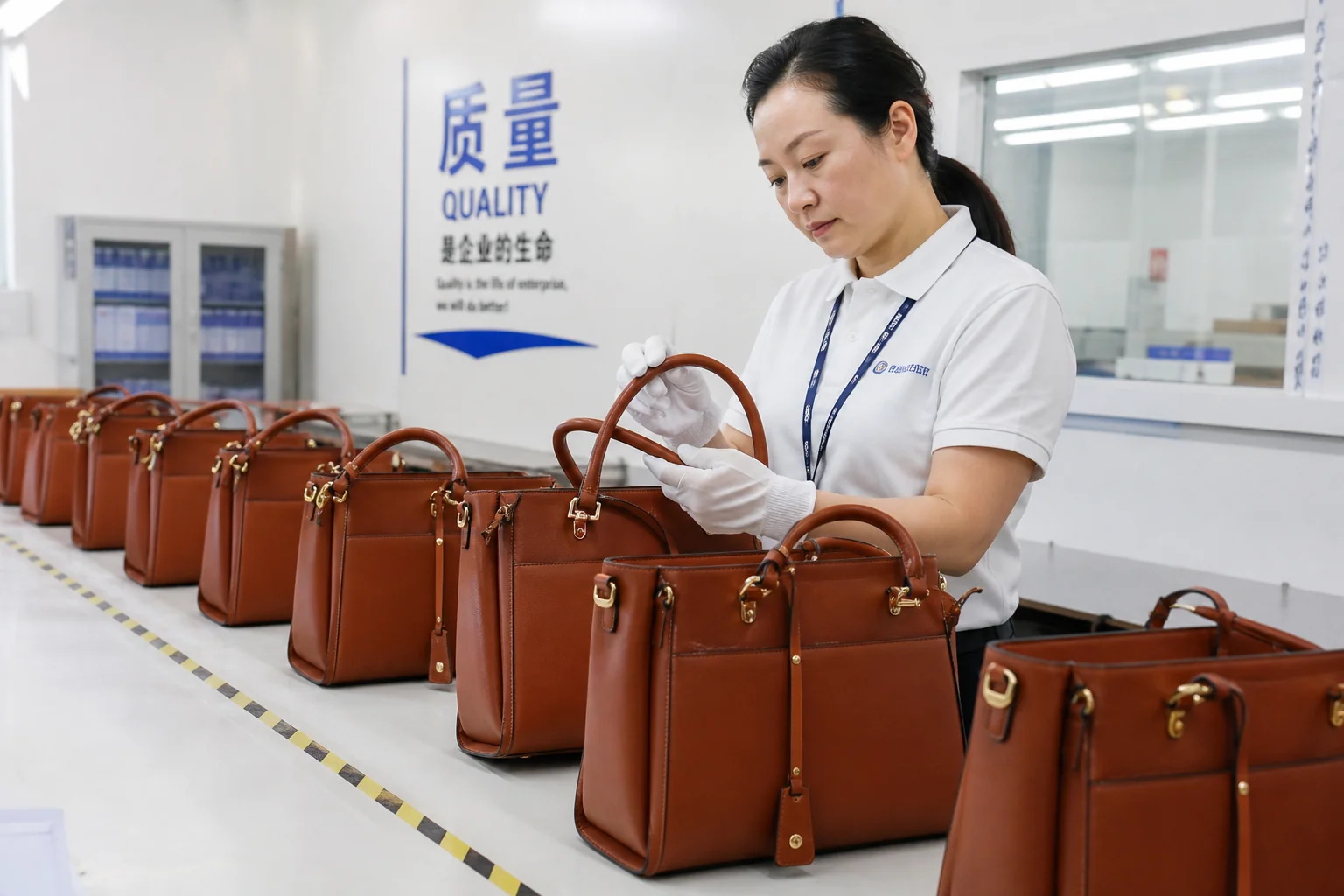 Finished PU leather bags under inspection in factory QC room