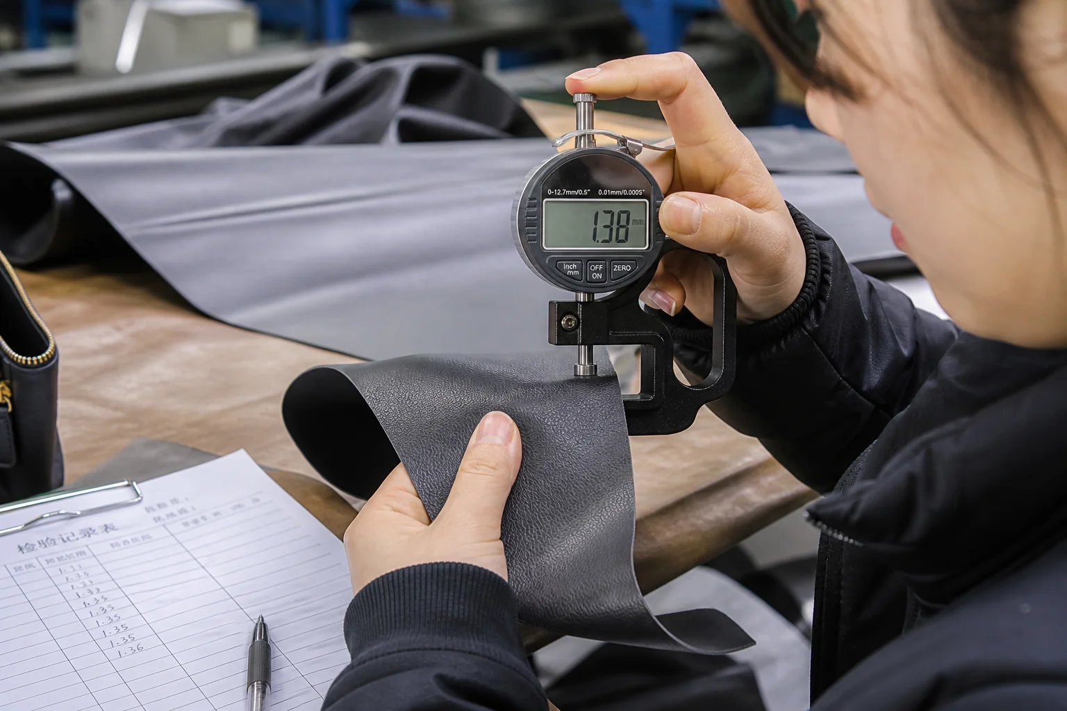 Quality inspector measuring PU leather thickness with digital gauge