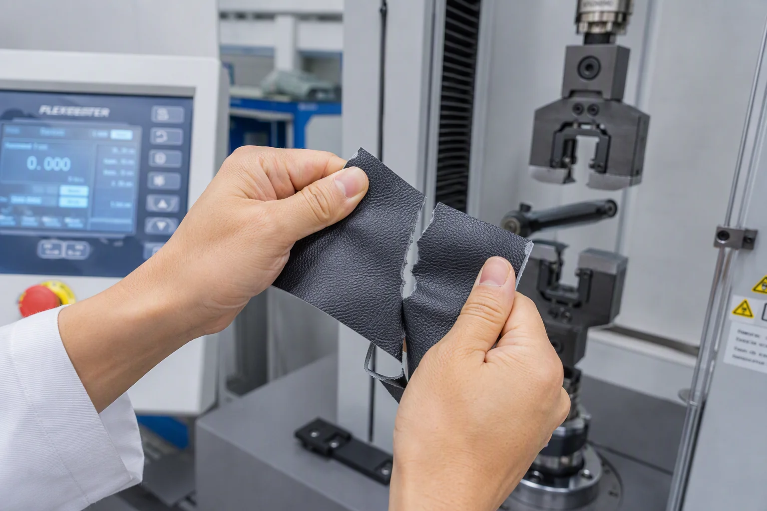 Tear strength test on PU leather sample in quality lab