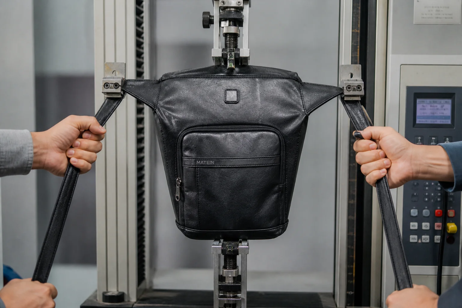 PU leather backpack undergoing stress test