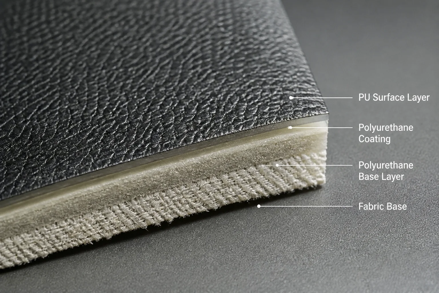 Cross-section of PU leather showing layered structure