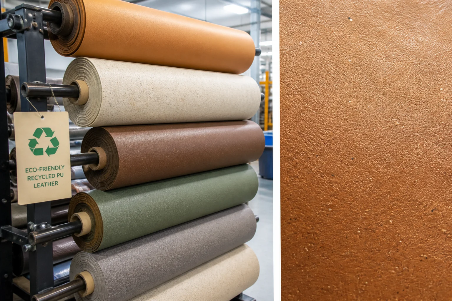 Rolls of recycled PU leather material in a factory