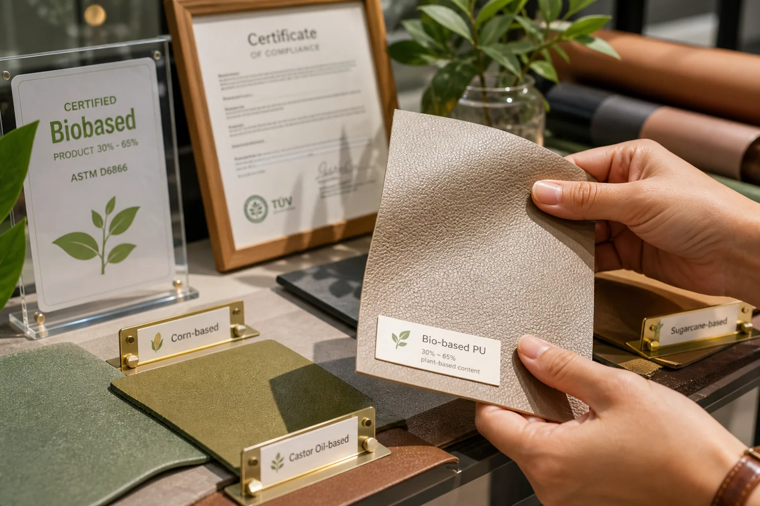 Bio-based PU leather sample with green accents in showroom