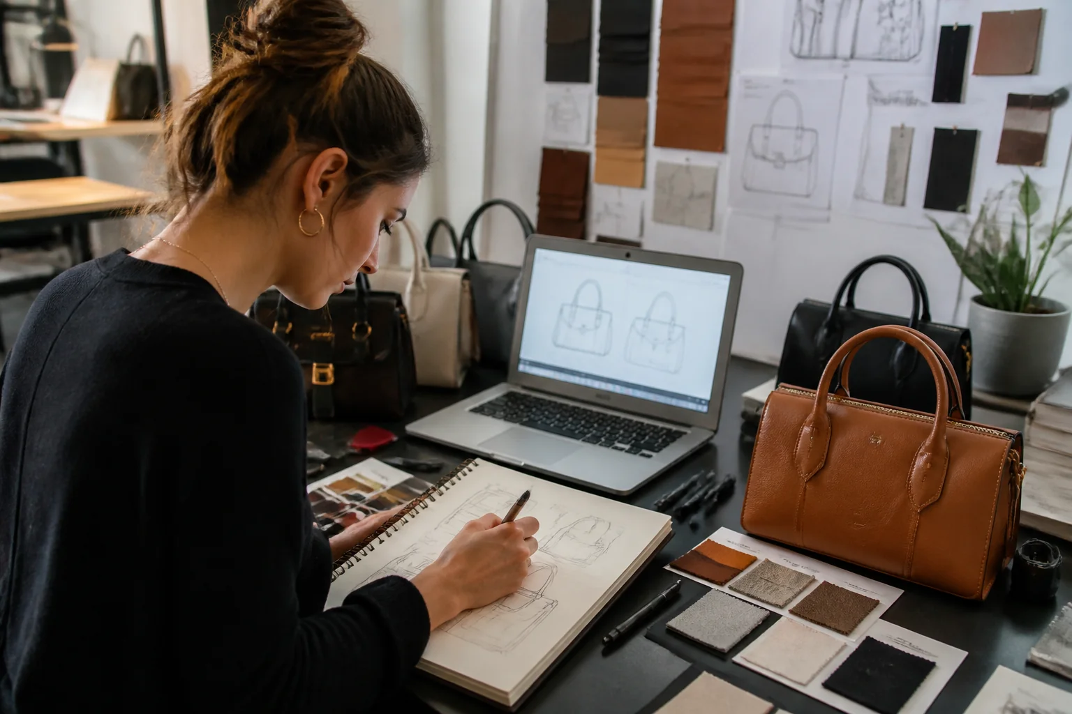 Entrepreneur sketching a new bag design with material samples