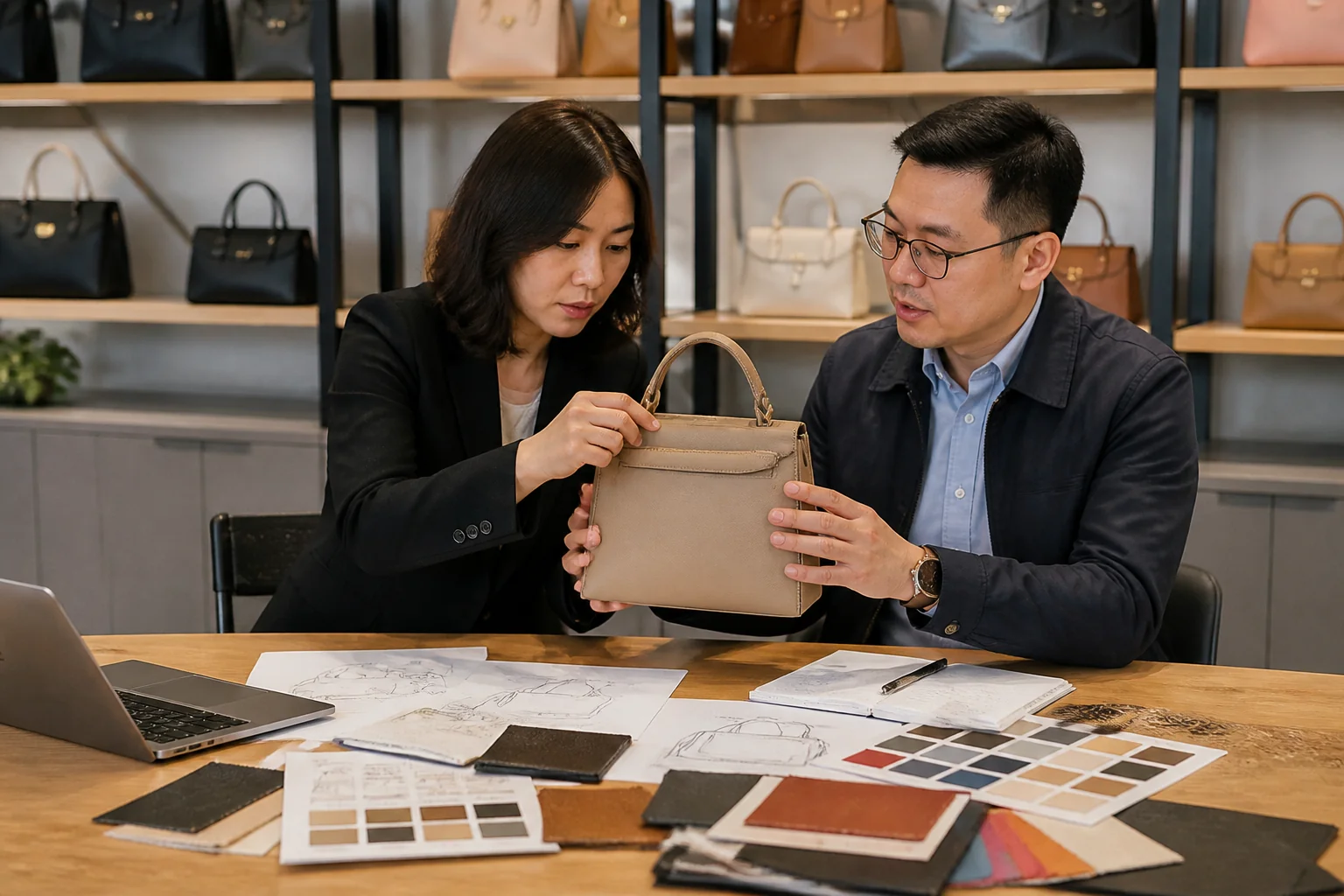 Designer and factory manager reviewing a prototype together
