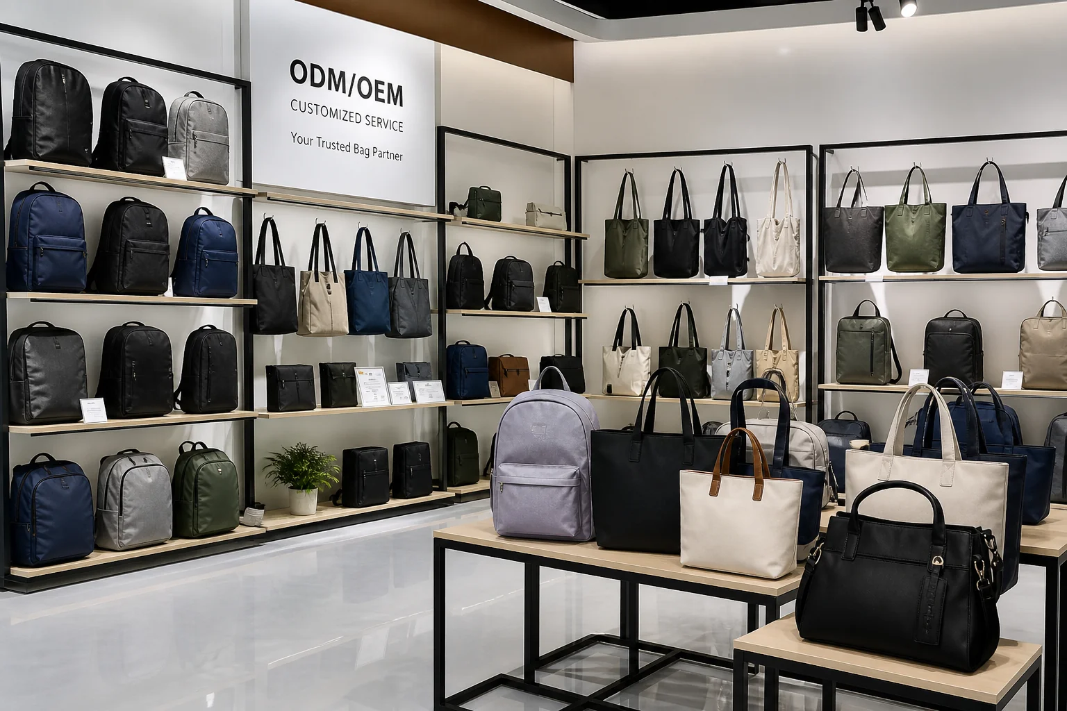 ODM bag samples on factory showroom racks