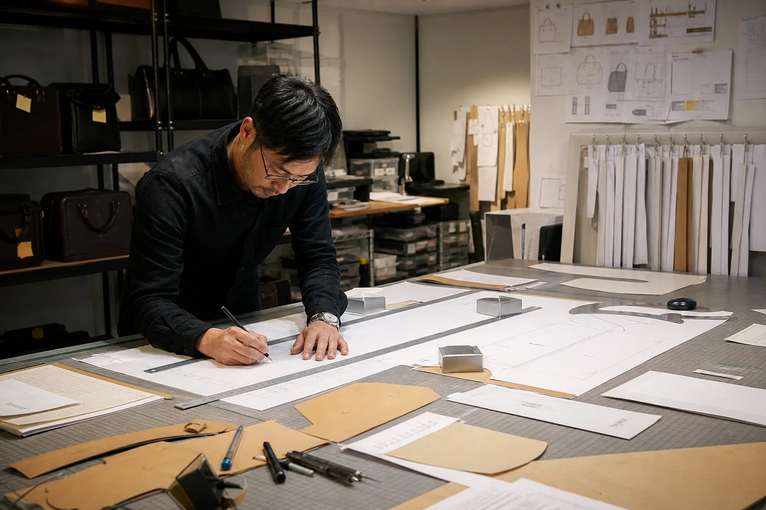 Pattern engineer drafting bag patterns in factory design room