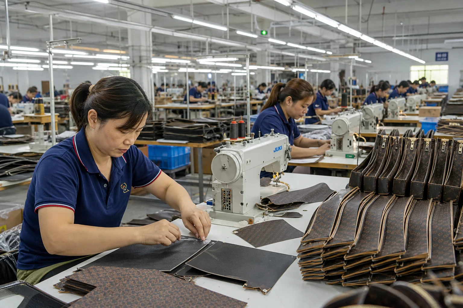 Sewing line assembling handbag panels in factory