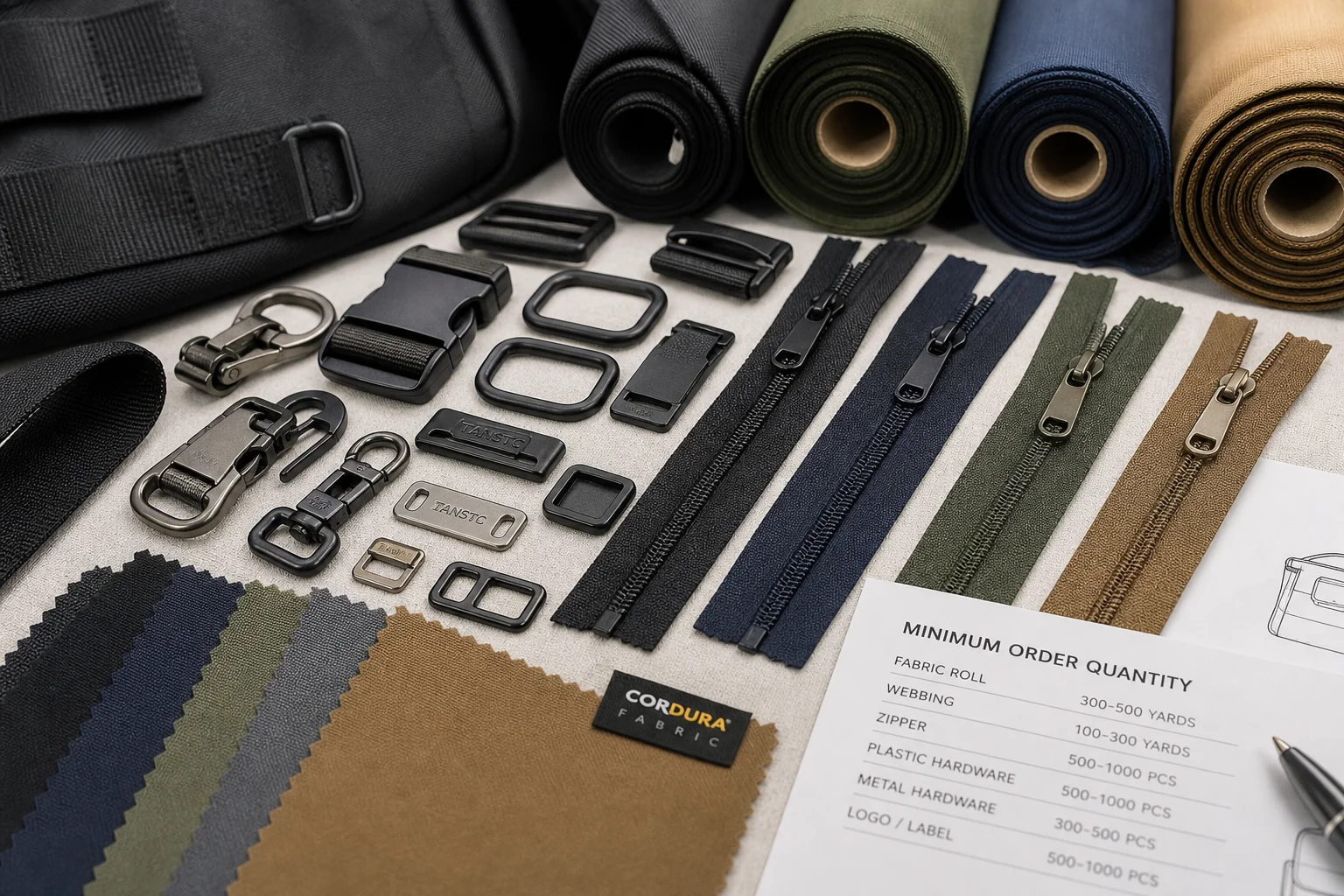 Hardware components and fabric rolls driving MOQ