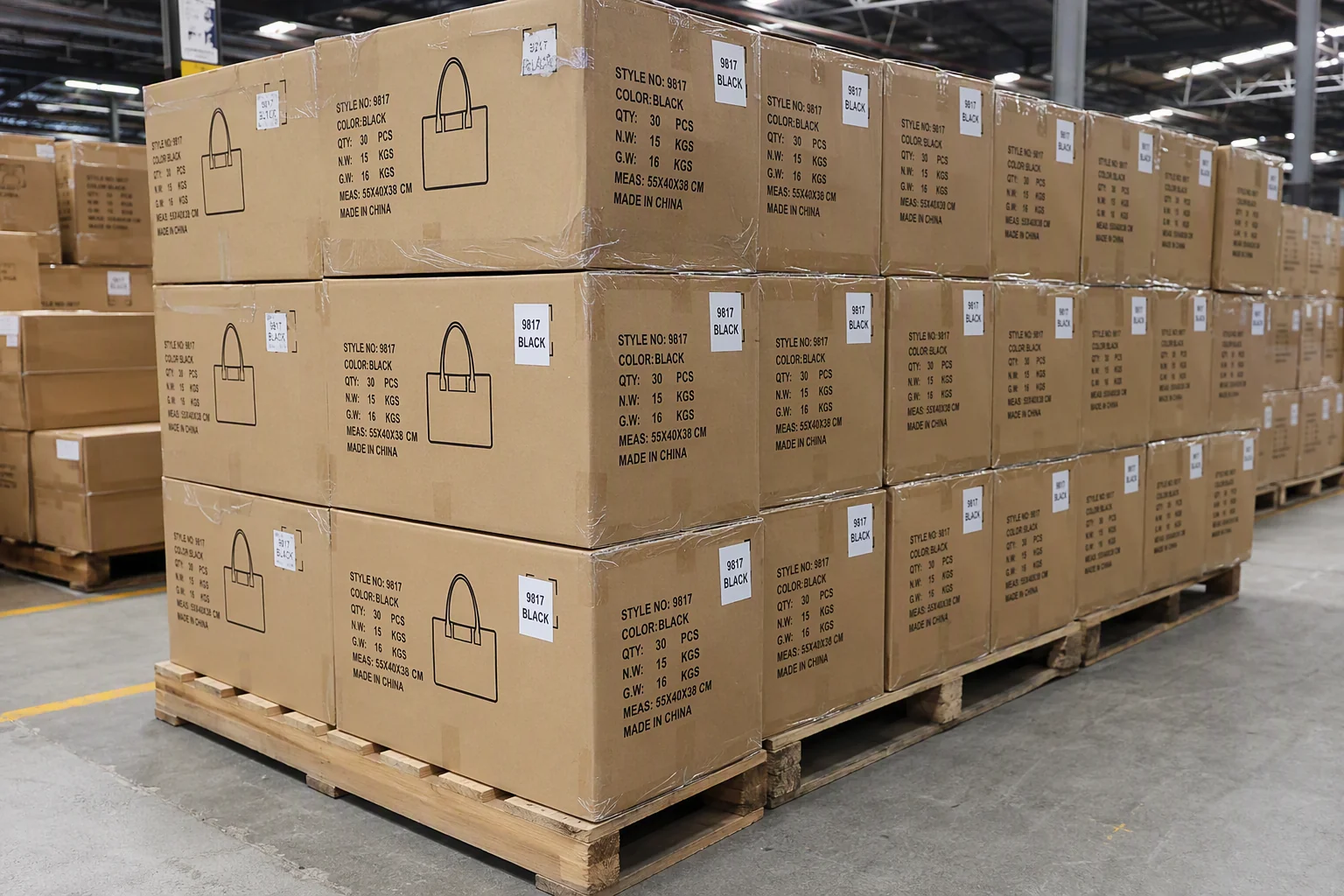 Stacked cartons of bulk bag production