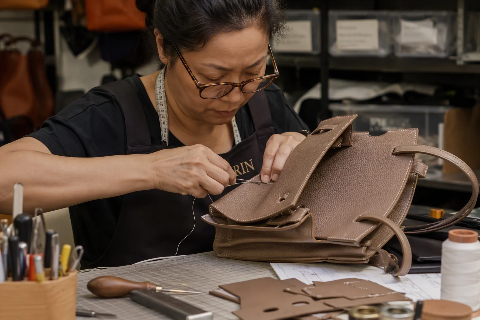 Sample maker hand-sewing a bag prototype