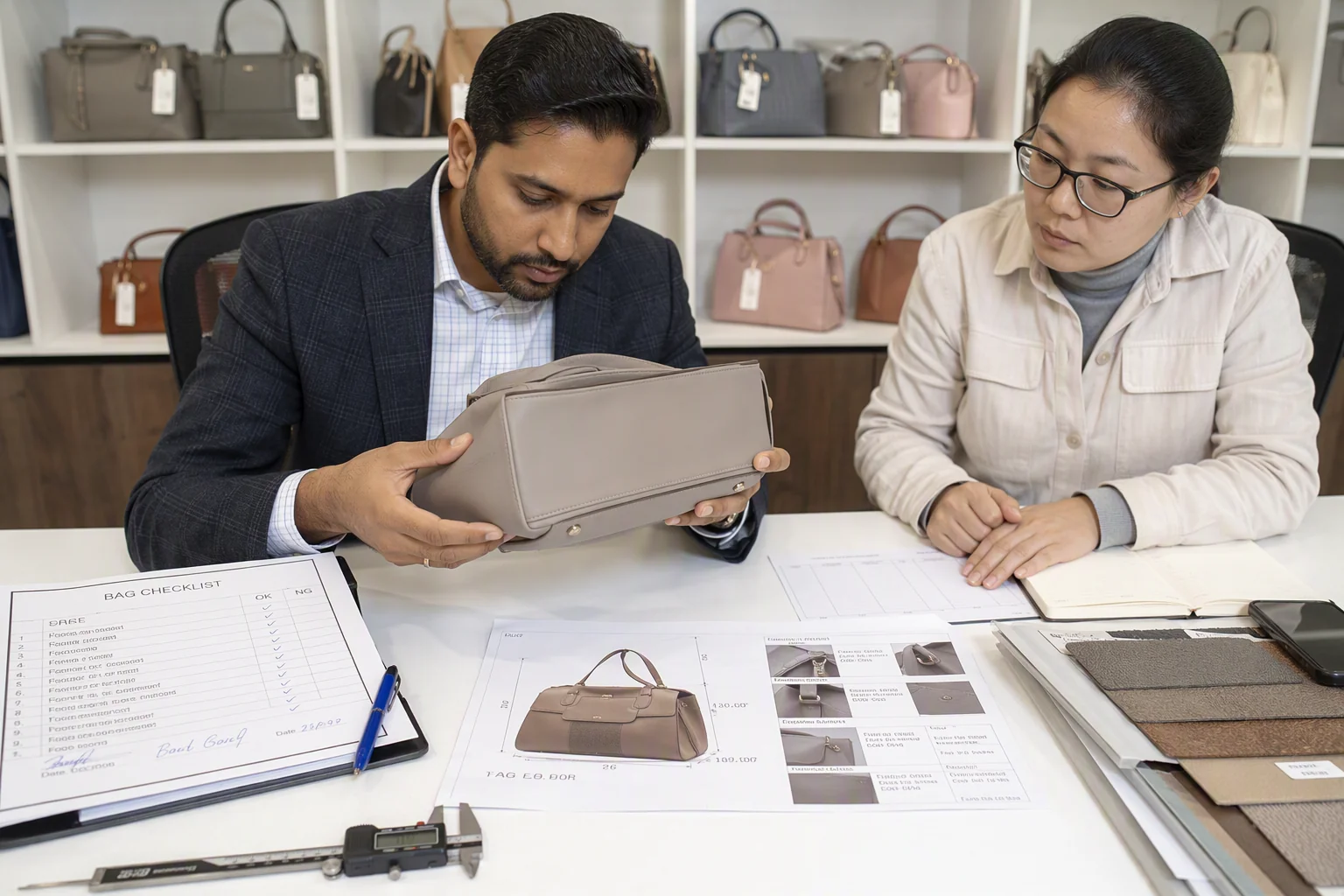 Client inspecting approved bag sample against specification