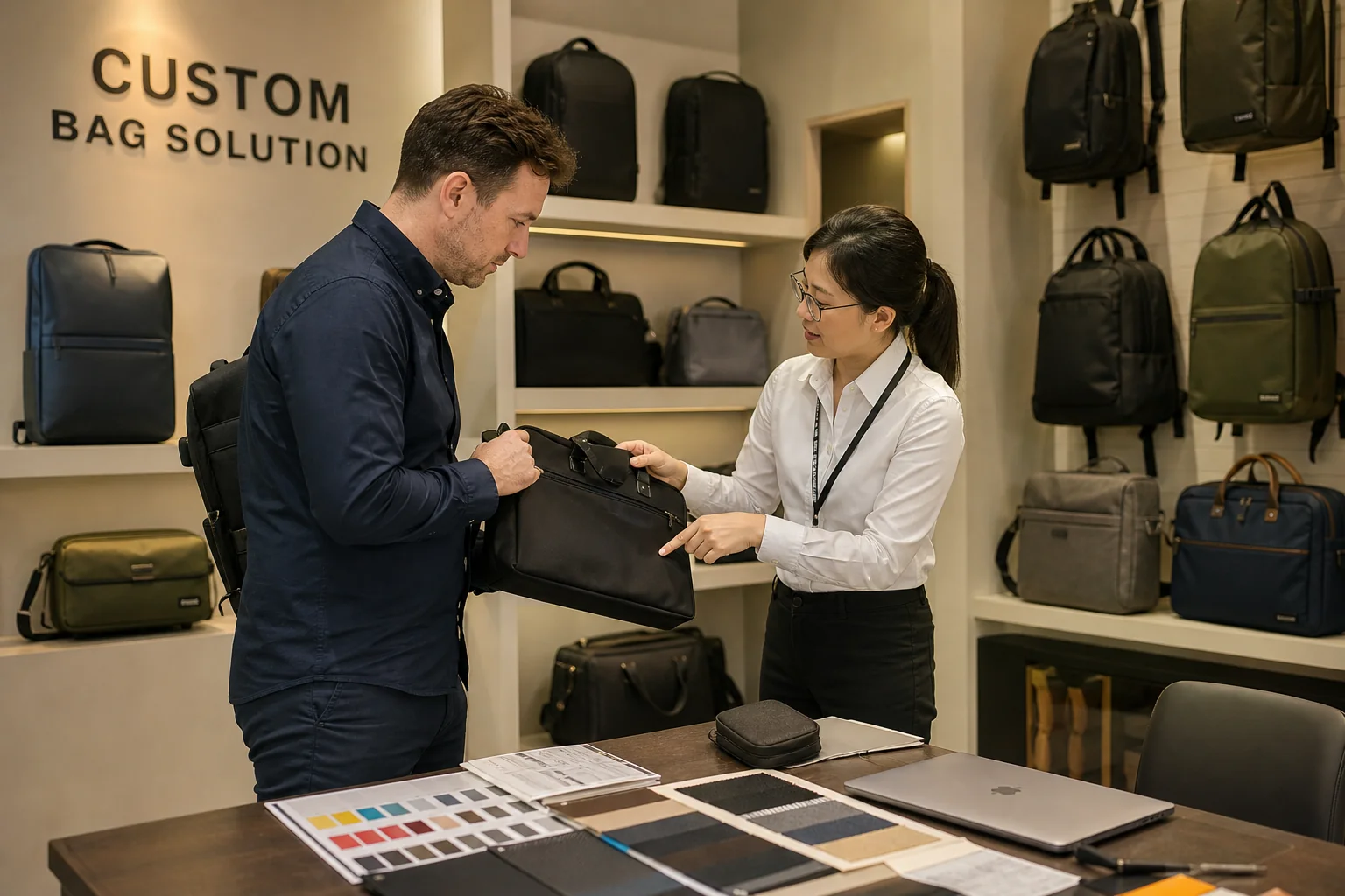 Buyer evaluating bag factory in showroom