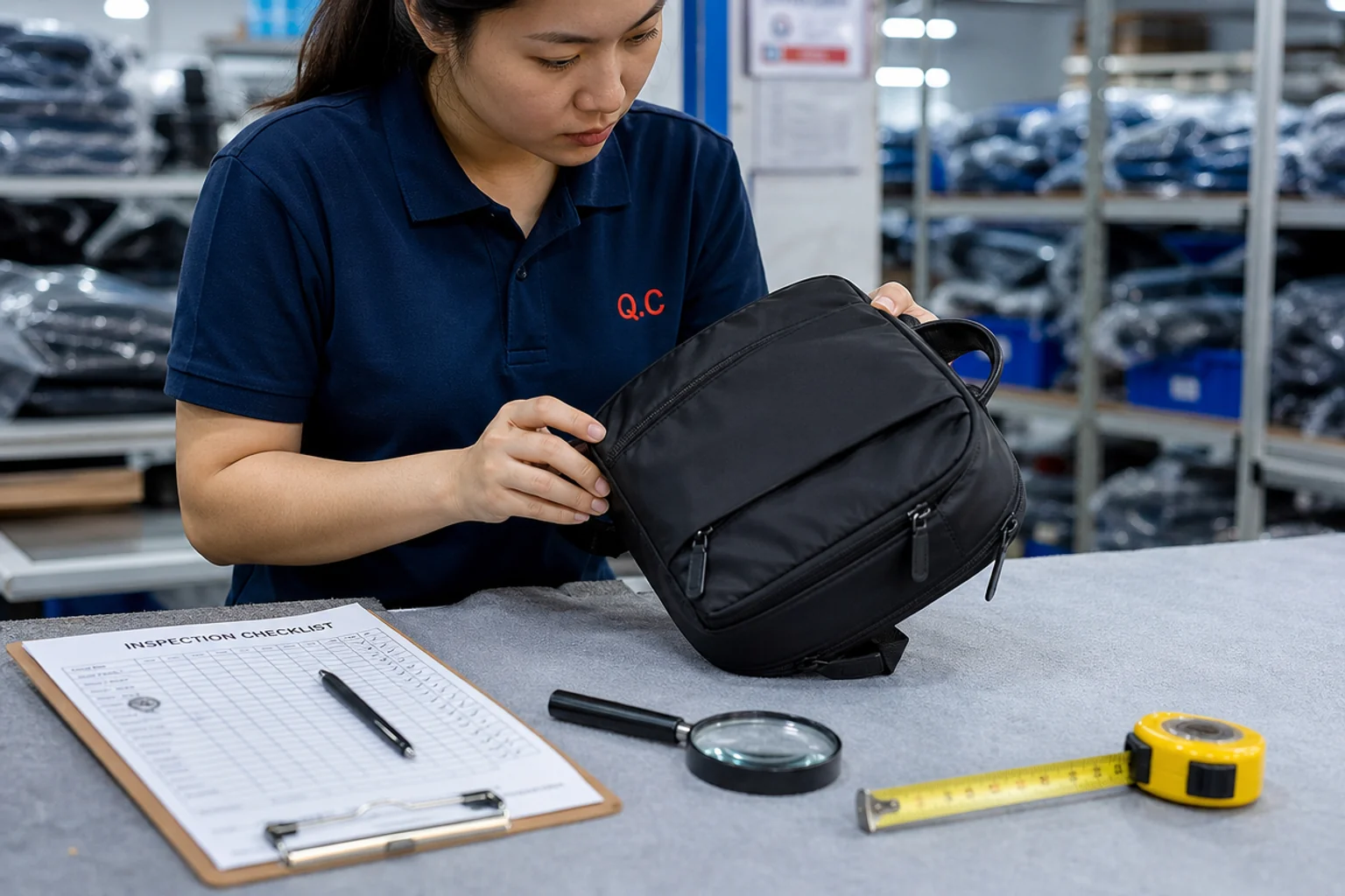 Quality inspector checking bag against checklist
