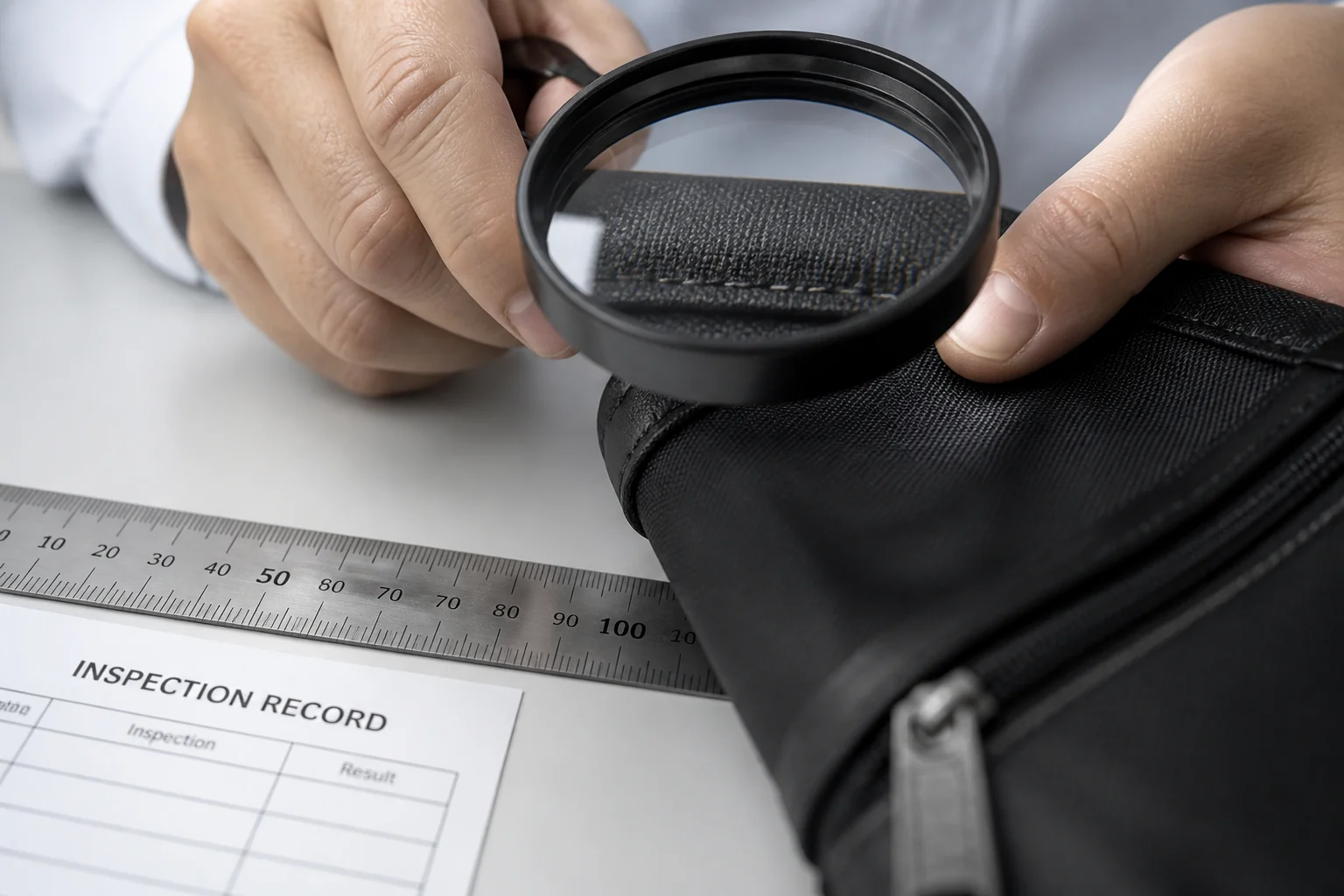 Inspector measuring seam and examining stitching