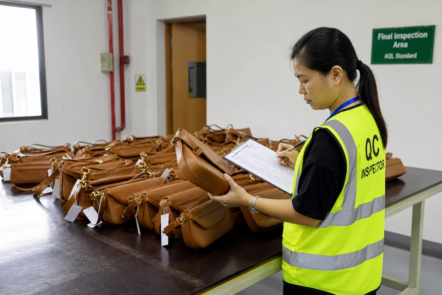 AQL final inspection of bags on inspection table
