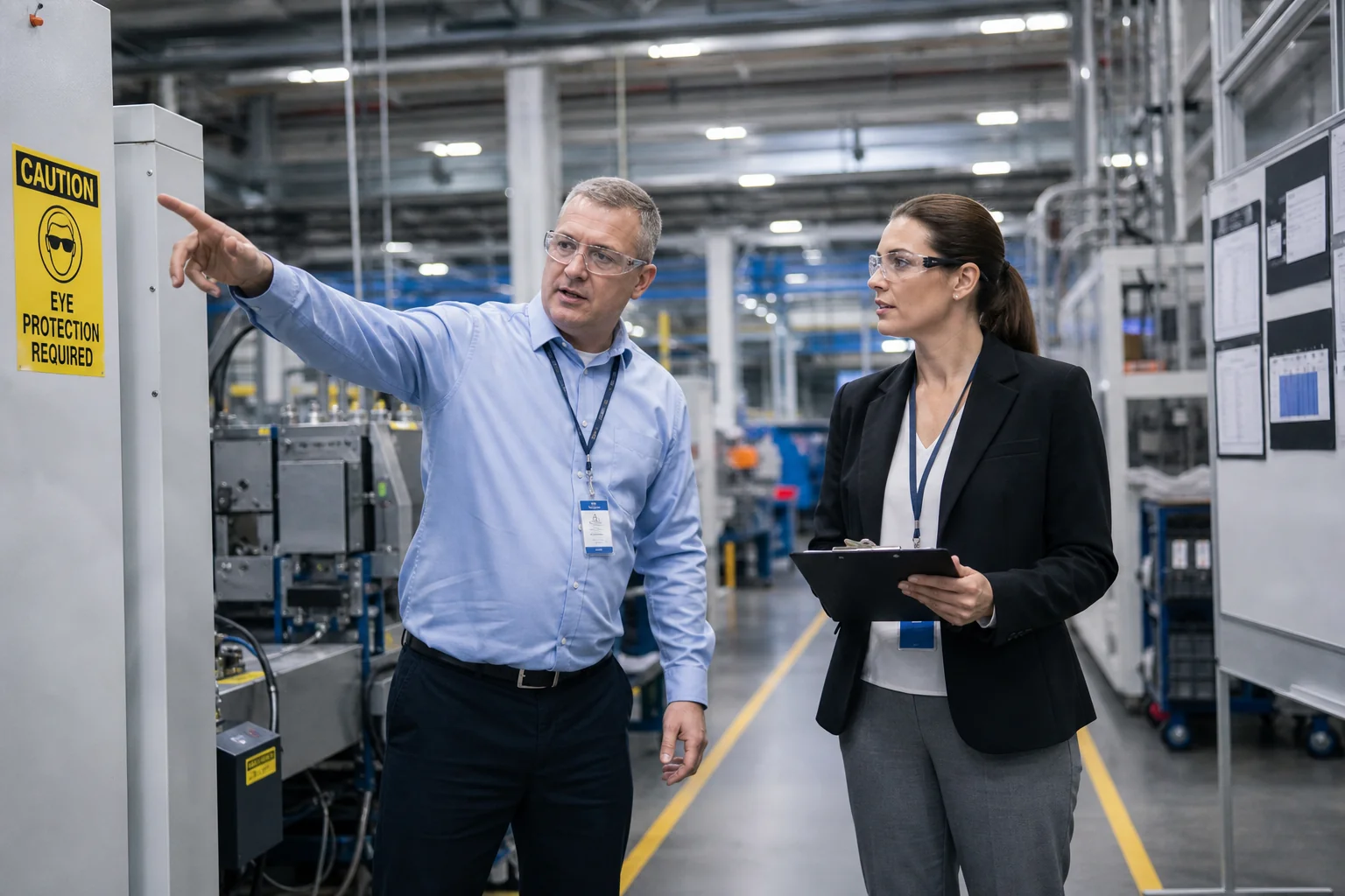 Factory manager guiding auditor through production floor