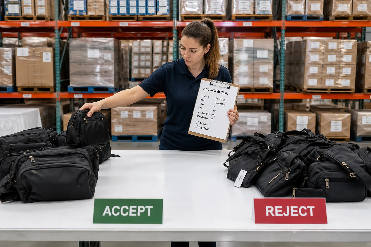 Inspector sorting bags into accept and reject piles
