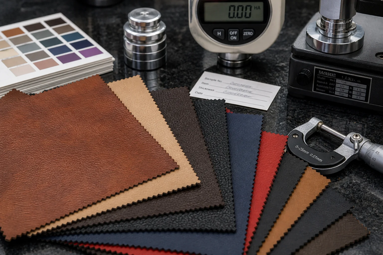 PU and leather swatches with testing instruments