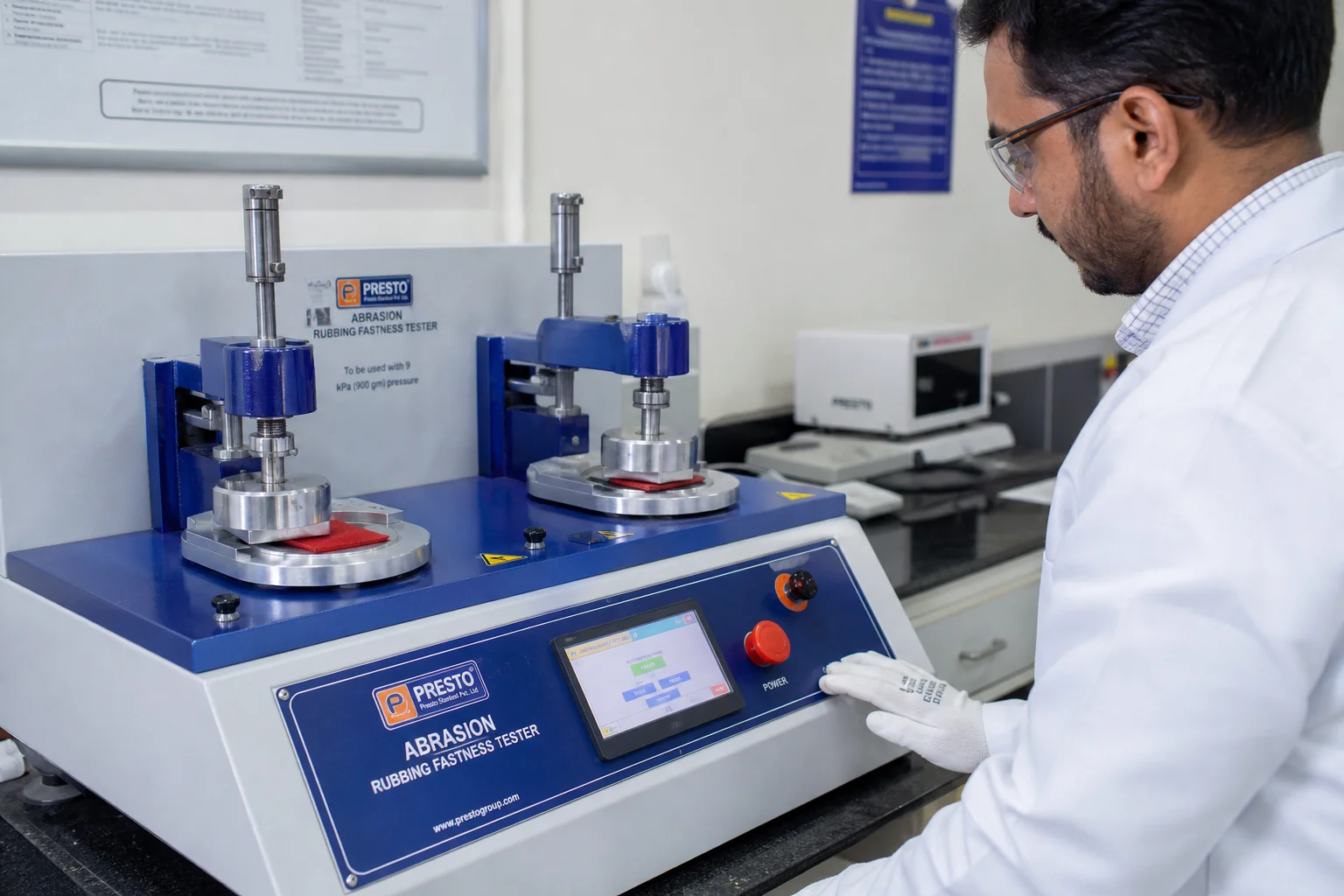 Abrasion test on rubbing machine in laboratory