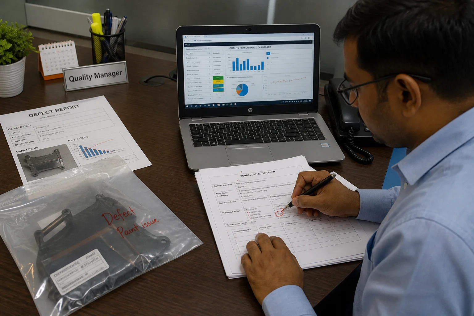 Quality manager reviewing bag defect reports