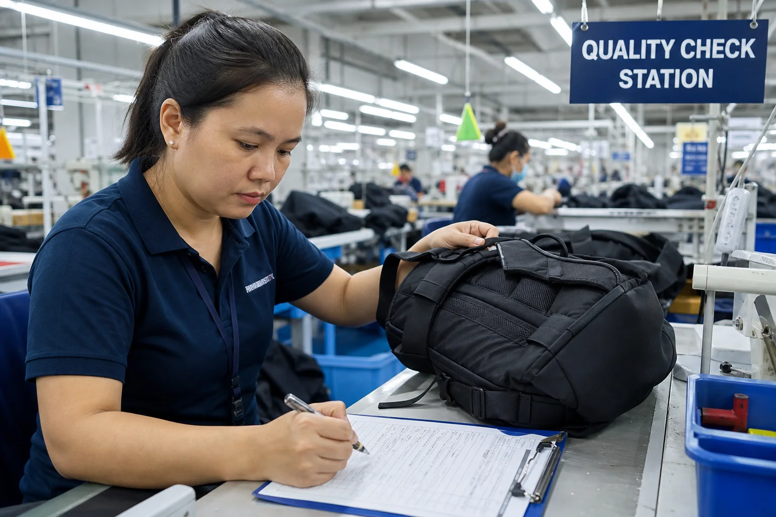 Inline quality checks at a bag factory sewing station