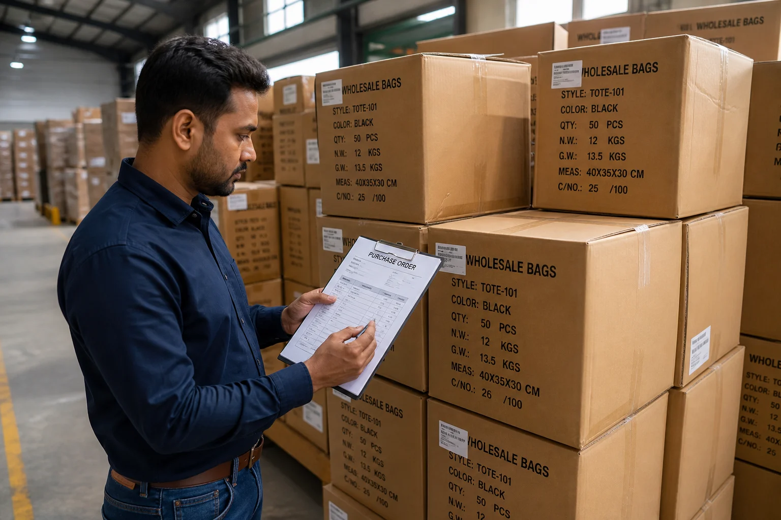 Stacked cartons of wholesale bags with purchase order verification