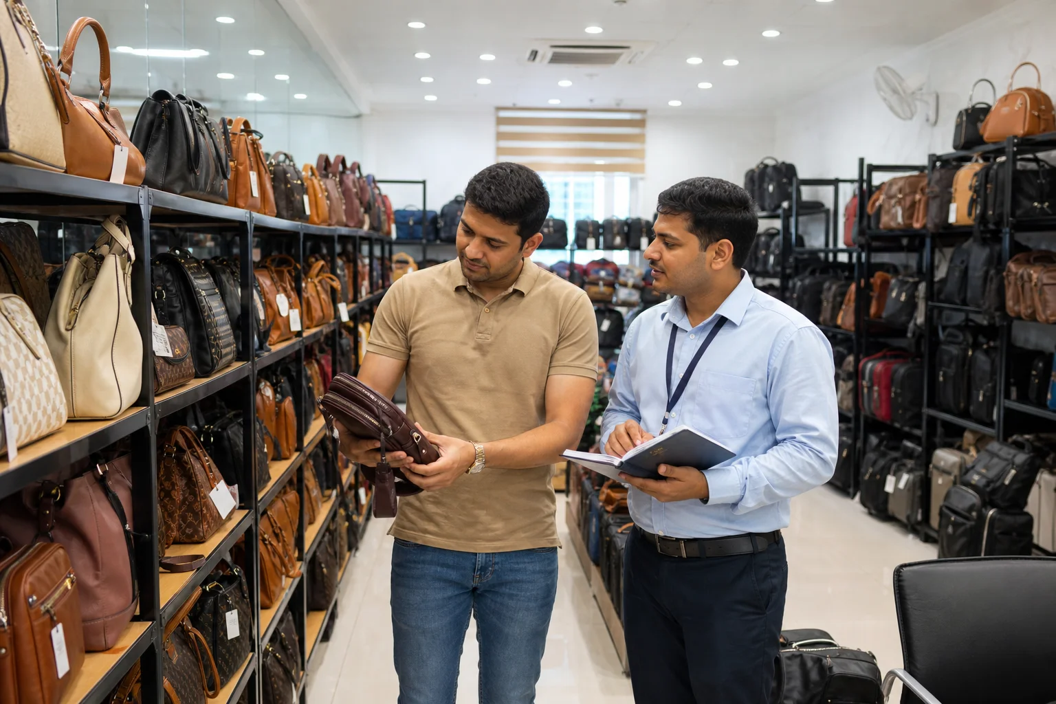 Wholesale showroom with racks of bags for bulk buying