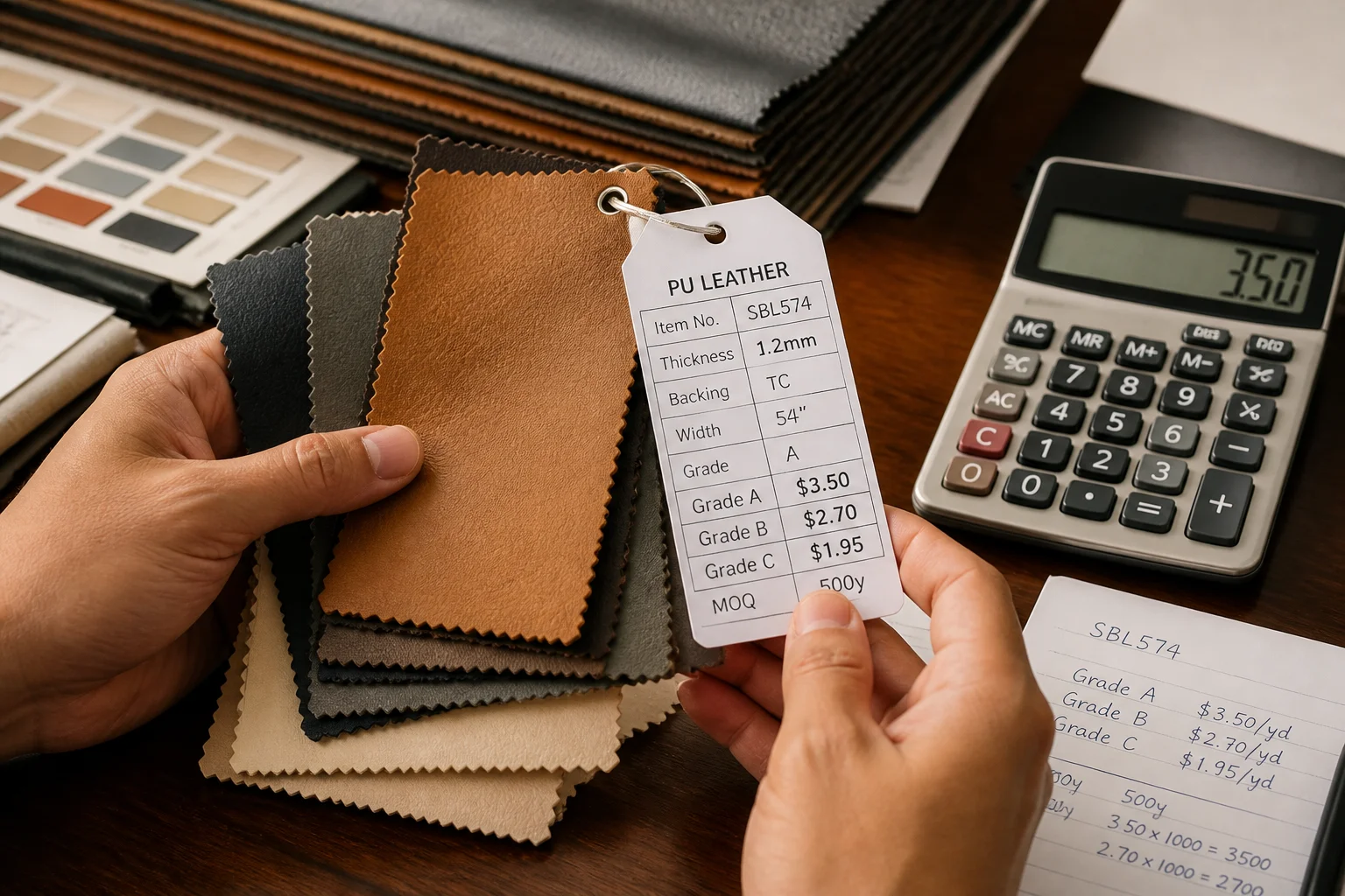 Comparing PU leather swatches with price tags for wholesale cost estimation
