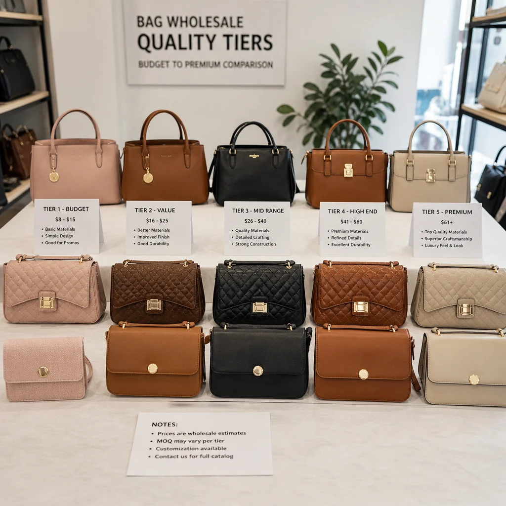 Bag samples from different price tiers compared for wholesale buying