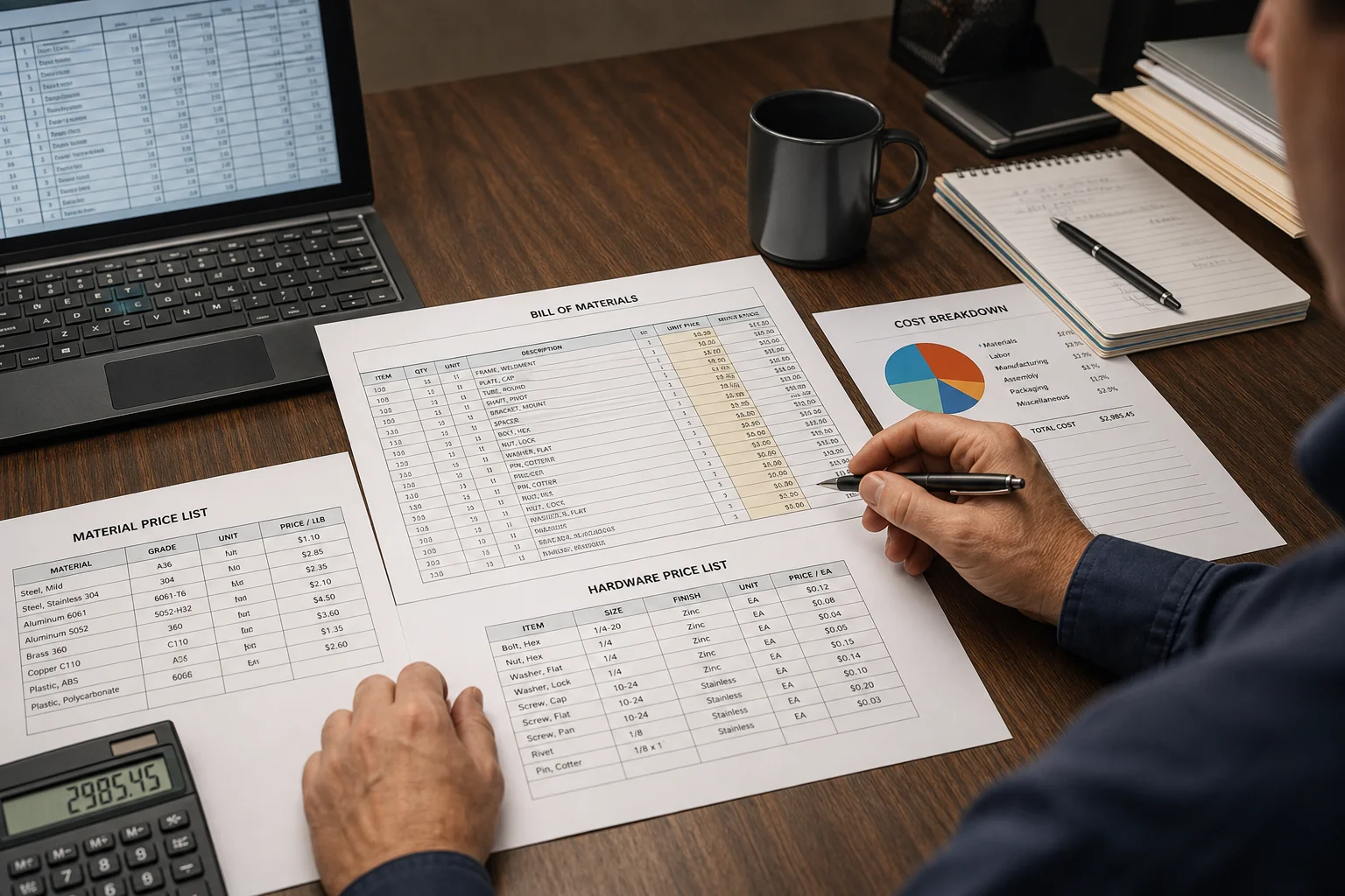 Factory cost estimator reviewing a bill of materials and price lists