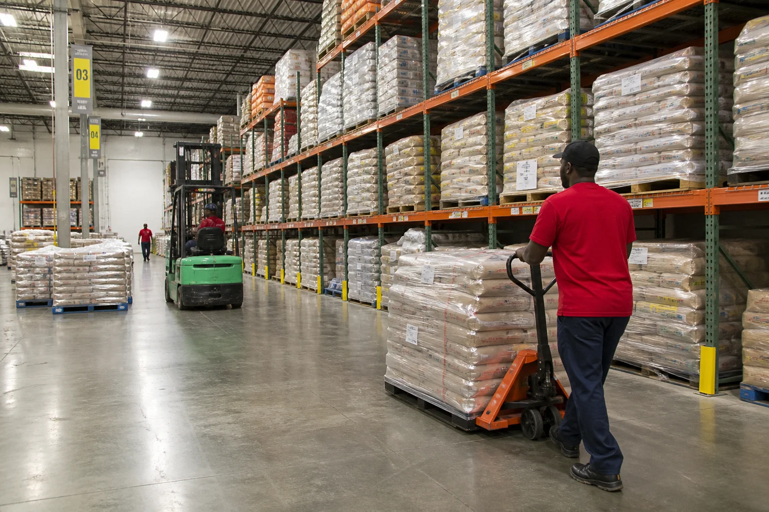Wholesale distribution warehouse with shelved bag cartons