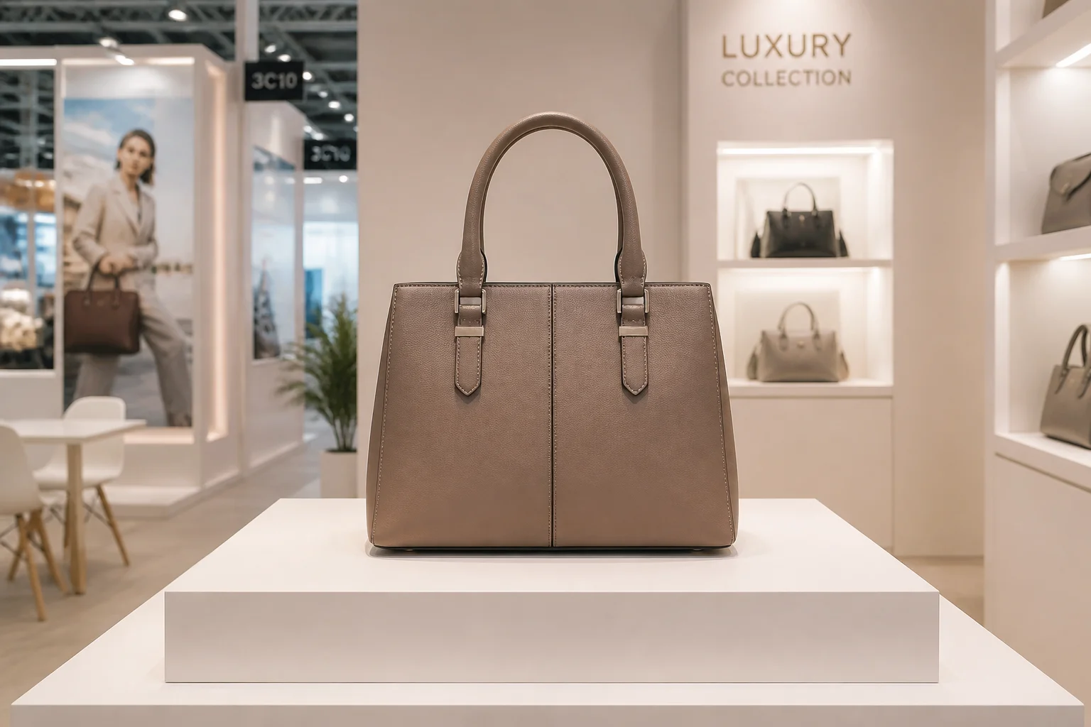 Modern handbag in muted earthy tone at a wholesale showroom