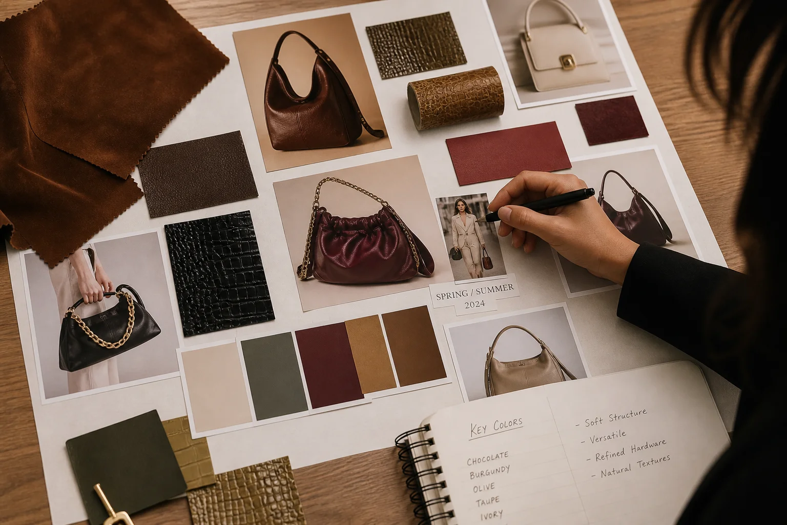 Season trend board with bag color and material swatches