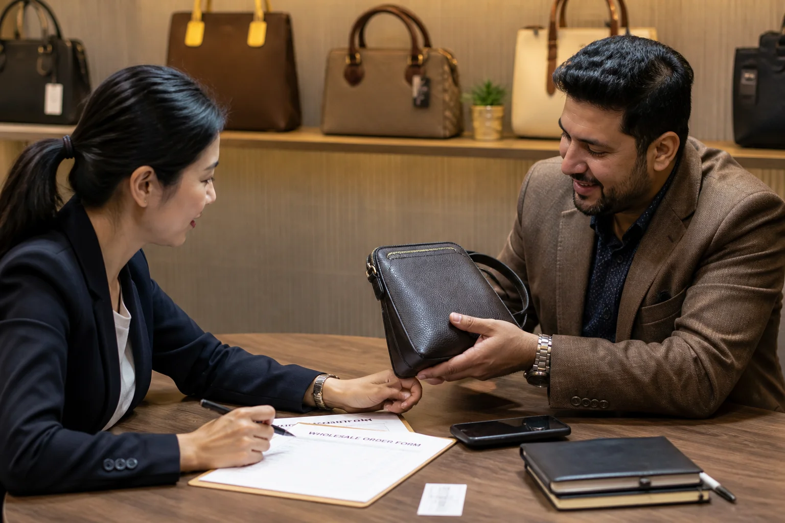 Buyer confirming a wholesale order form with a bag sample