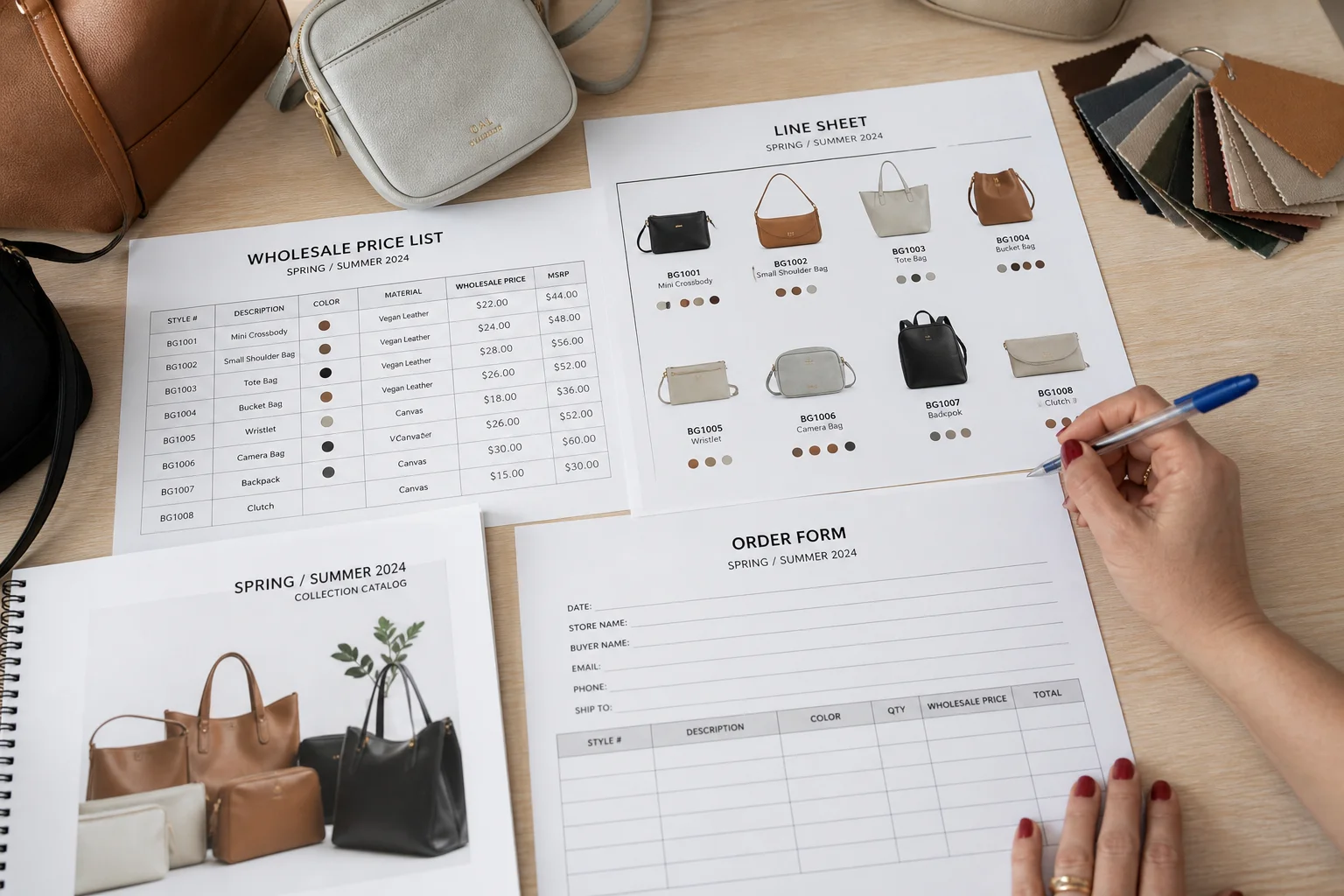 Wholesale line sheet and price list with bag samples