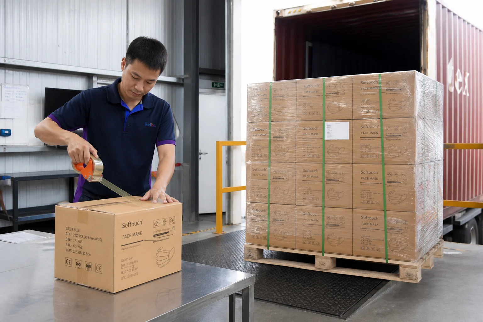 Packed bag cartons being sealed for export