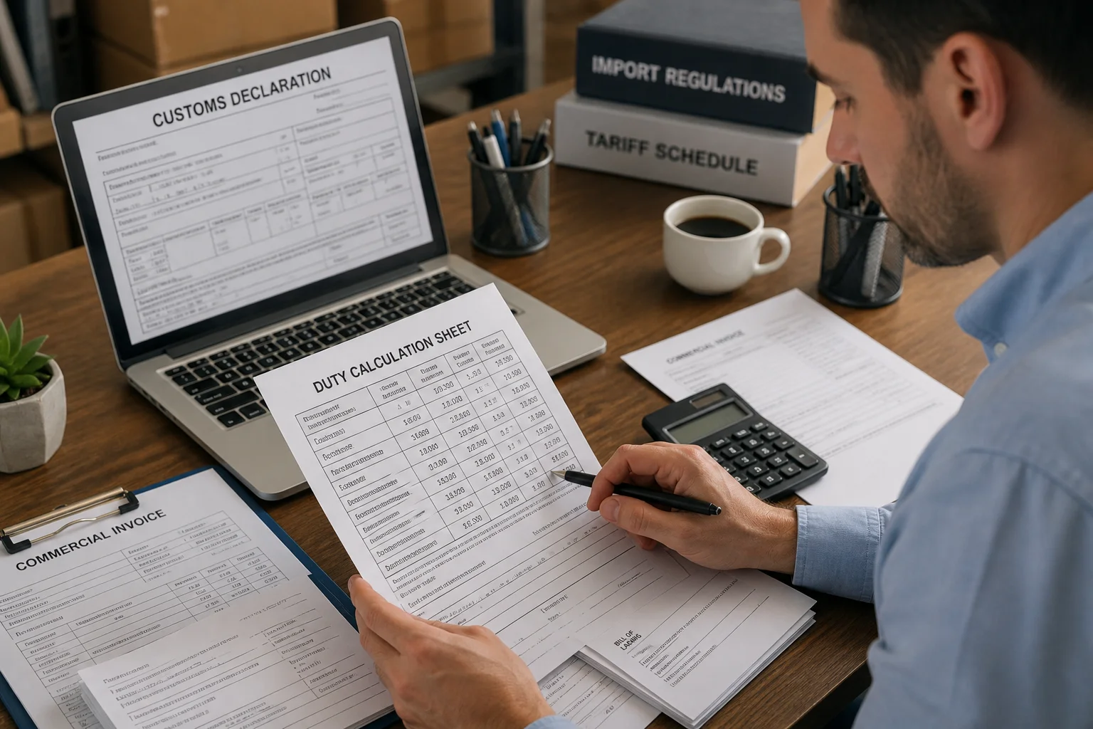 Customs broker reviewing import duty documents