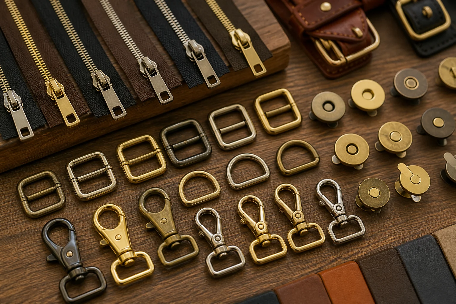 Assorted bag hardware components on a workshop table