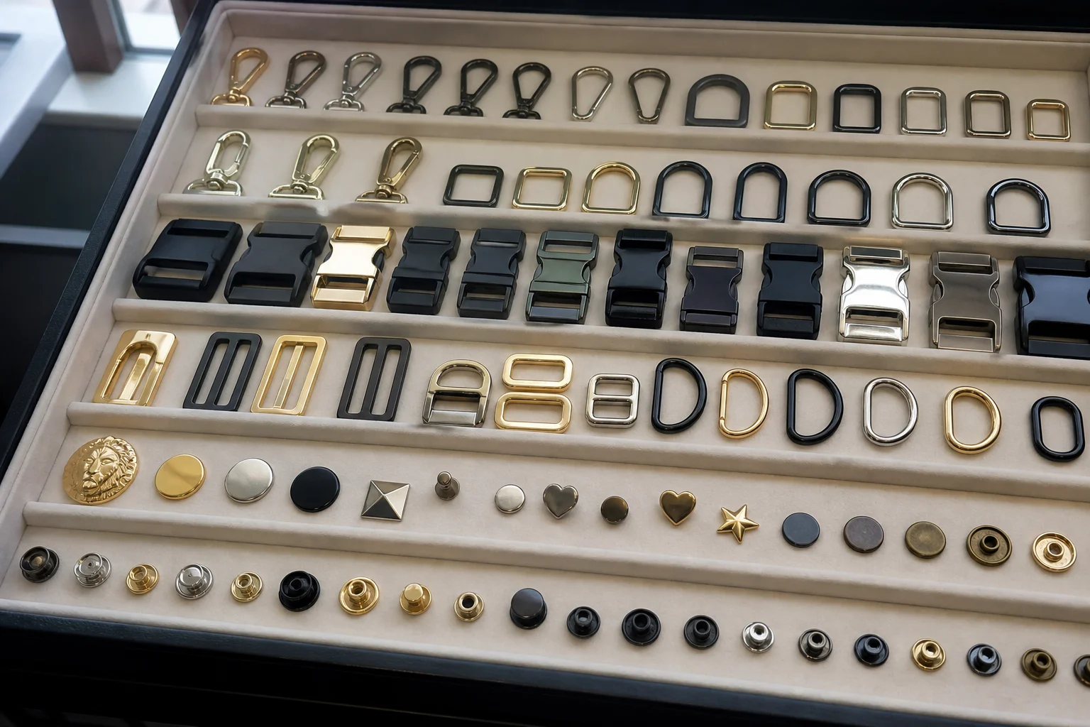 Metal and plastic bag hardware samples in a showroom tray