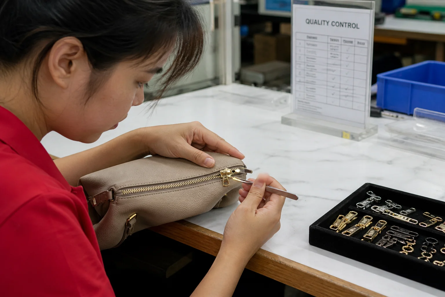 Factory worker inspecting a zipper on a handbag