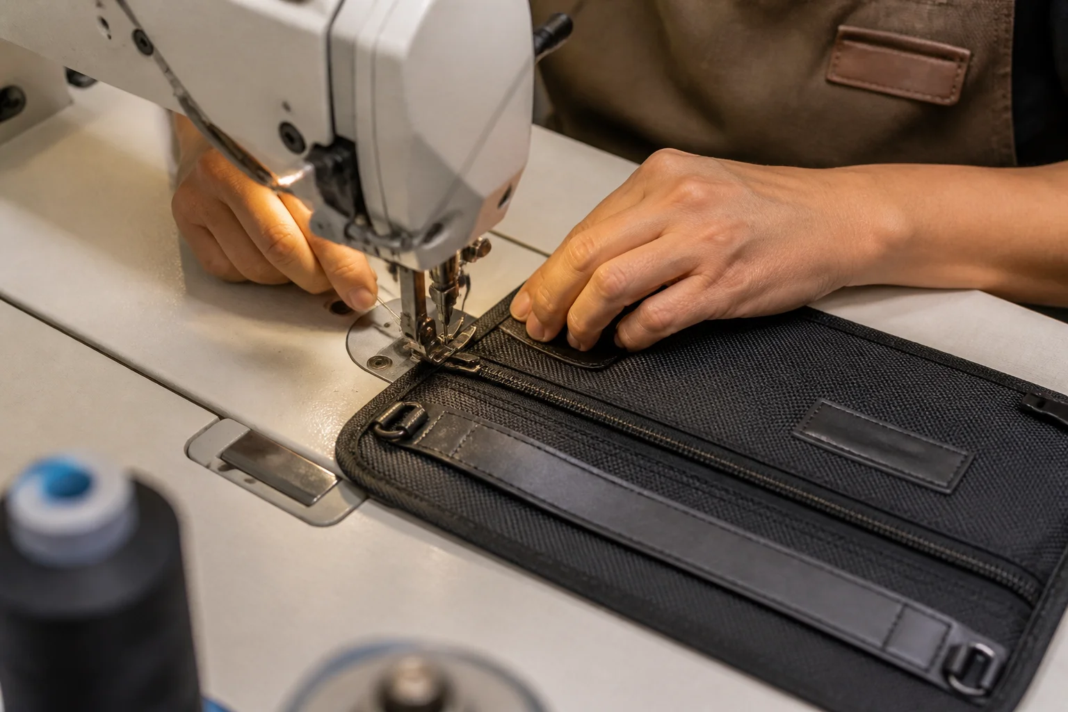 Worker installing a zipper onto a bag panel at a sewing station