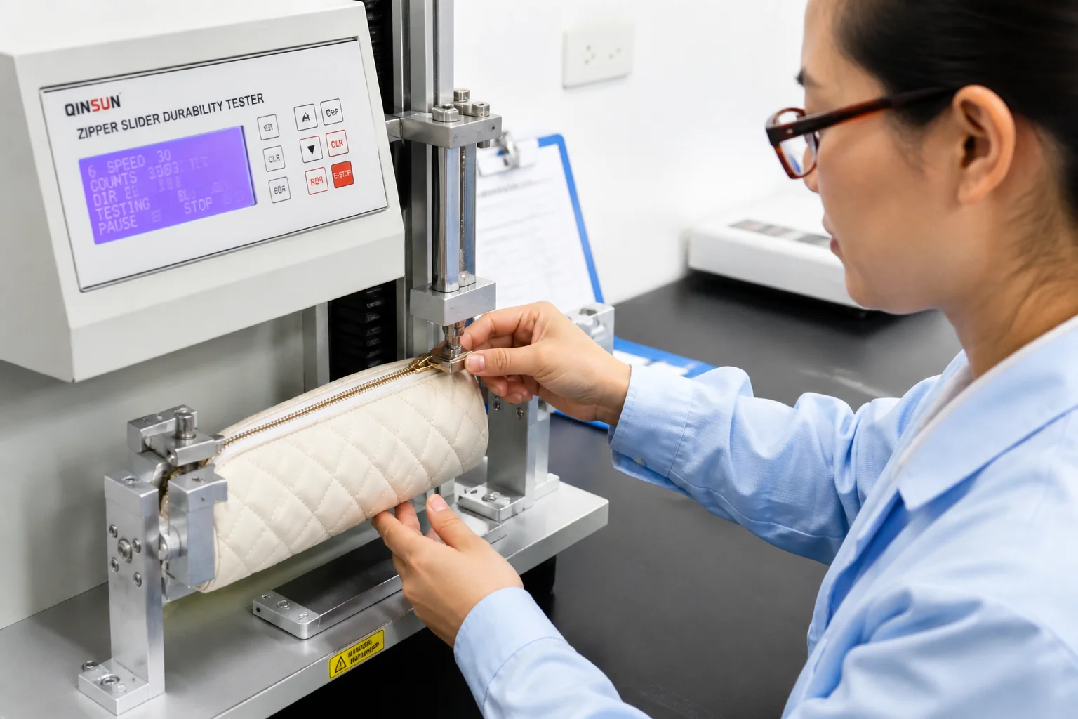 Inspector testing a zipper slider action on a handbag