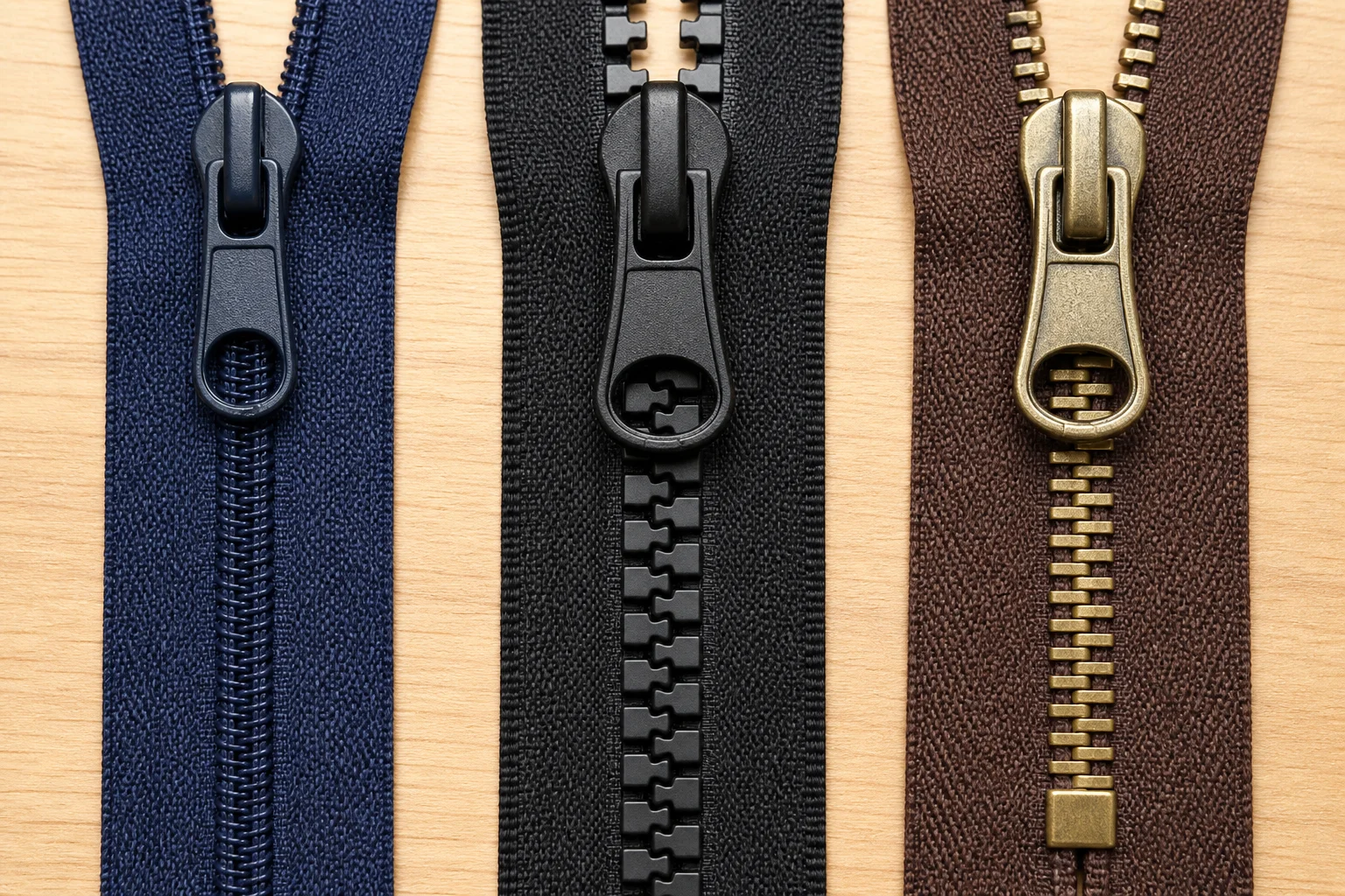 Nylon coil, molded and metal zippers compared side by side