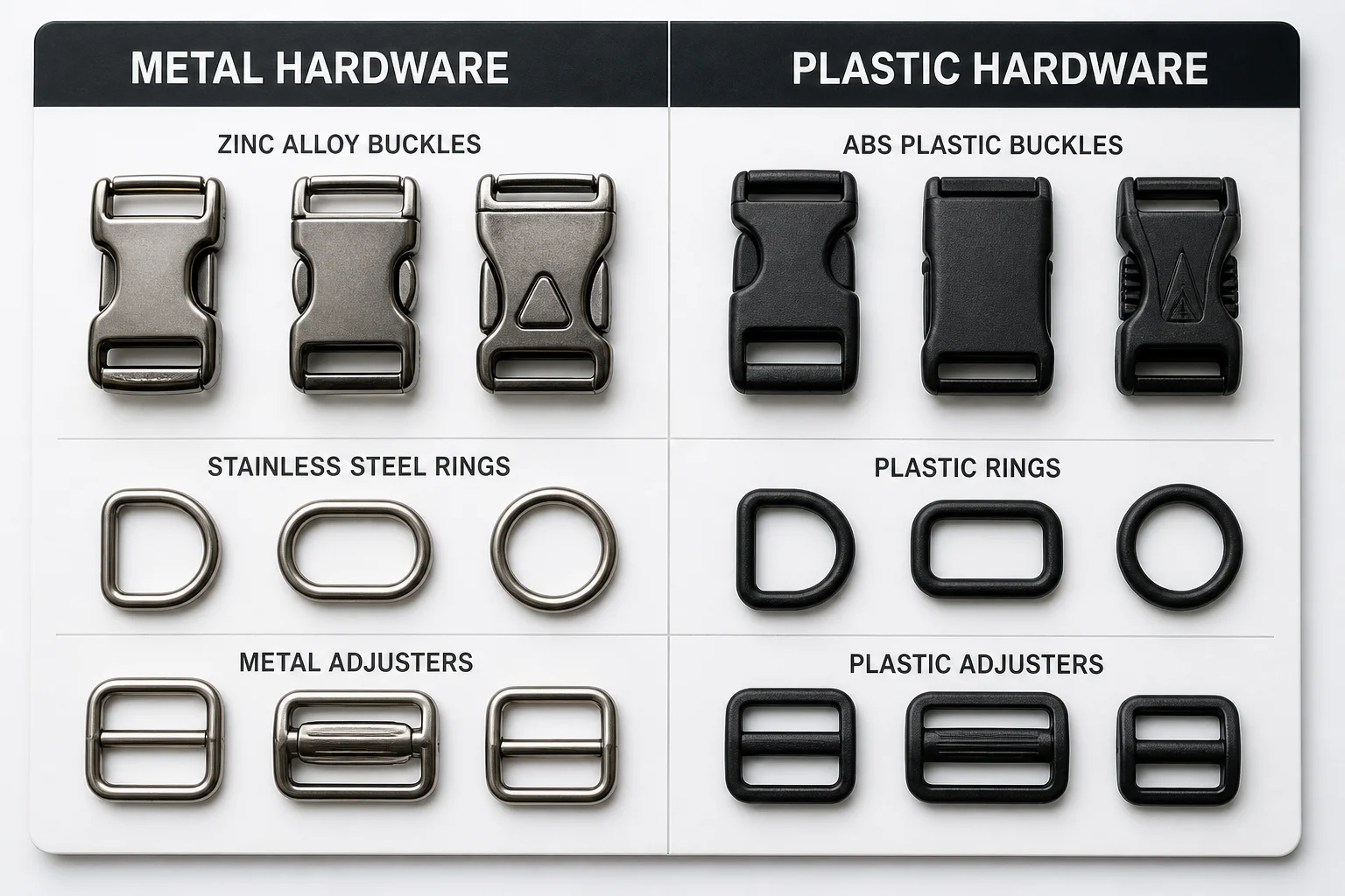 Metal and plastic bag hardware compared on a selection board