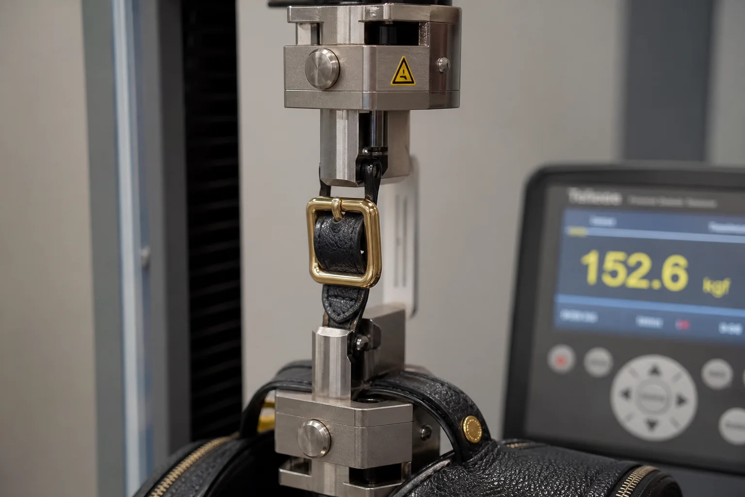 Metal buckle being load tested on a bag strap