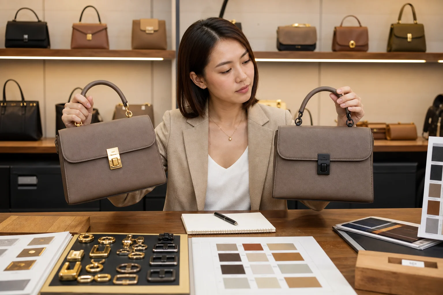 Designer comparing bag samples with different hardware finishes