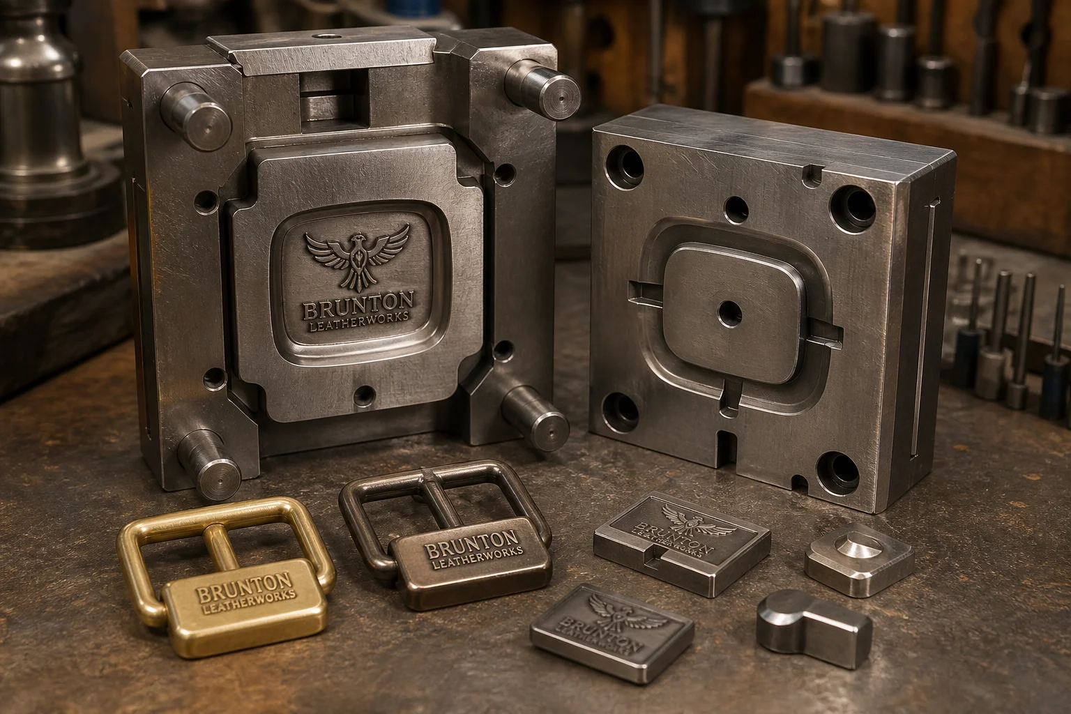 Hardware mold and engraved logo dies for bag buckles on a workbench