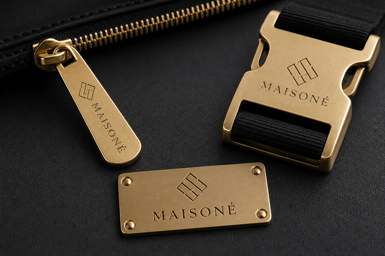Custom branded bag hardware with engraved zipper pull, buckle and logo plate